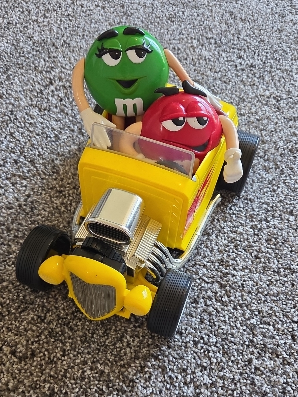 M&M's Yellow Hot Rod Candy Dispenser Car with Red & Green M&M Characters